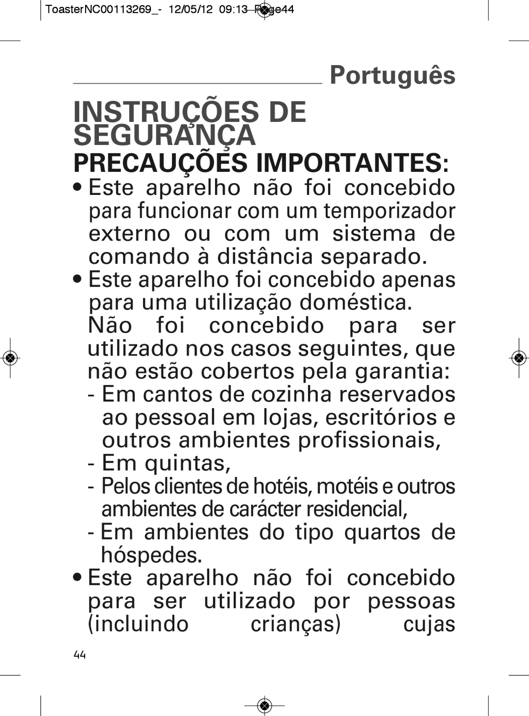 Tefal TT282811 manual Instruções DE Segurança, ToasterNC00113269- 12/05/12 0913 Page44, 3244 