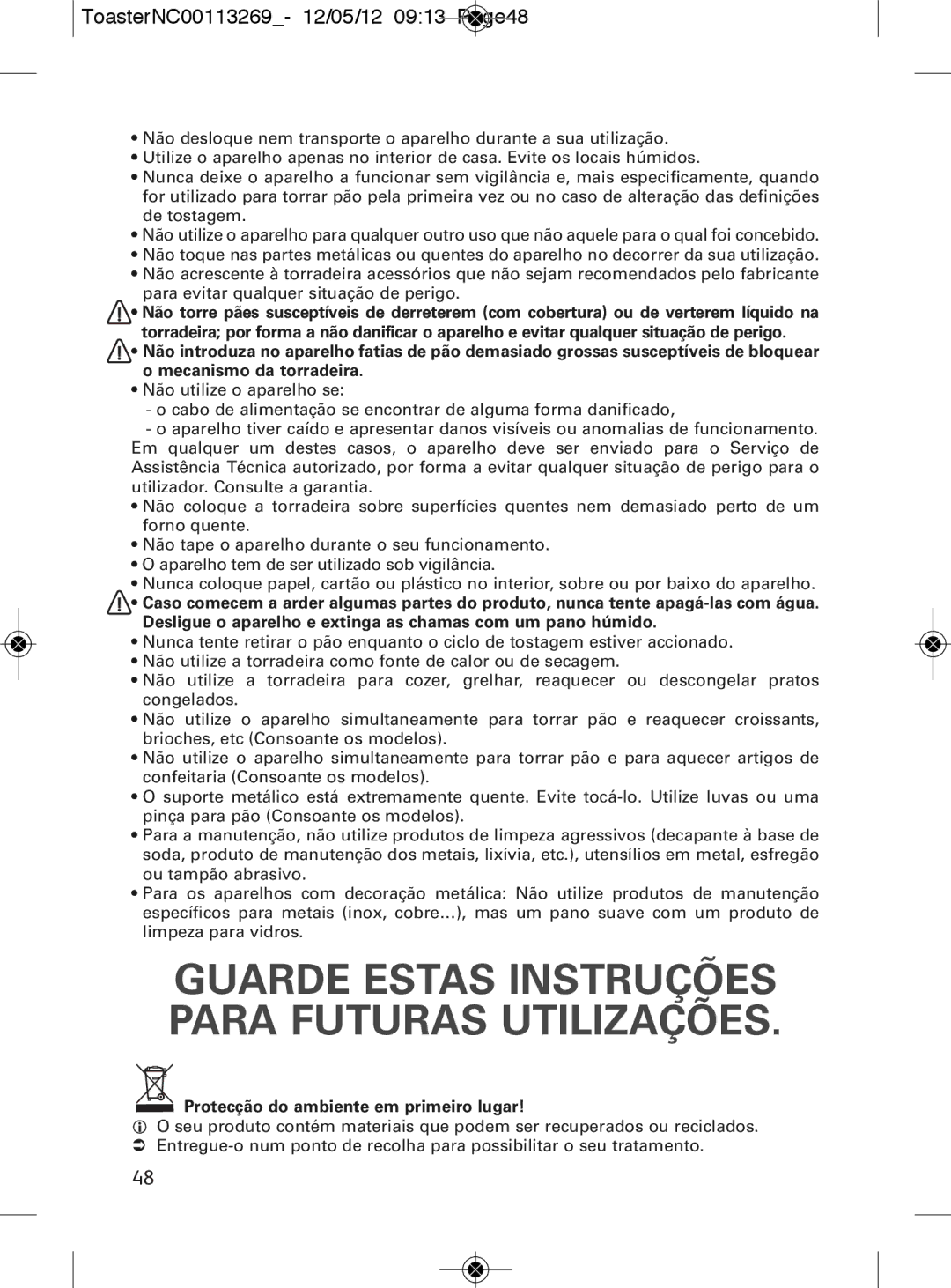 Tefal TT282811 manual Guarde Estas Instruções Para Futuras Utilizações, ToasterNC00113269- 12/05/12 0913 Page48, 3648 