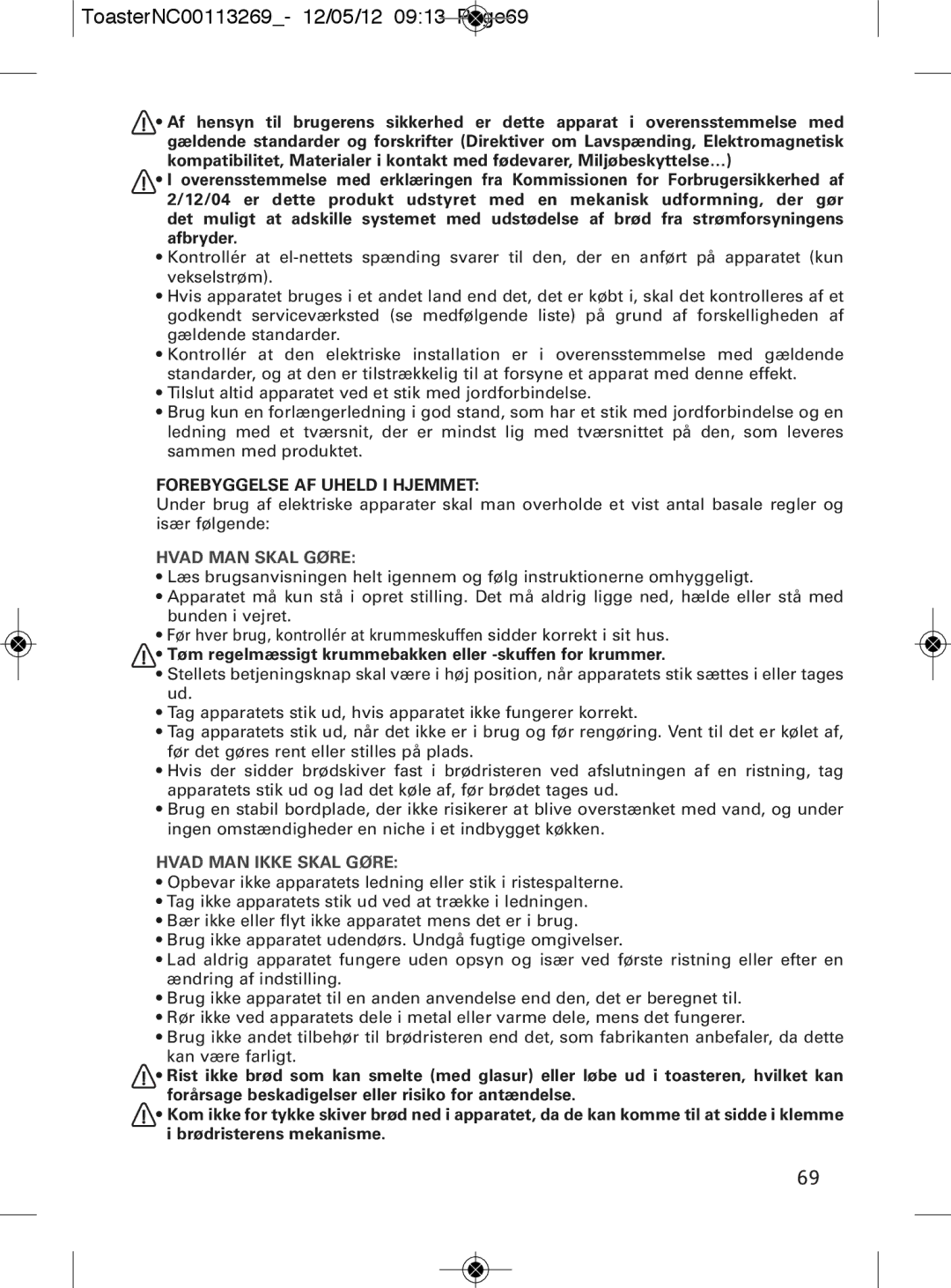 Tefal TT282811 manual ToasterNC00113269- 12/05/12 0913 Page69, 4969, Hvad MAN Skal Gøre, Hvad MAN Ikke Skal Gøre 