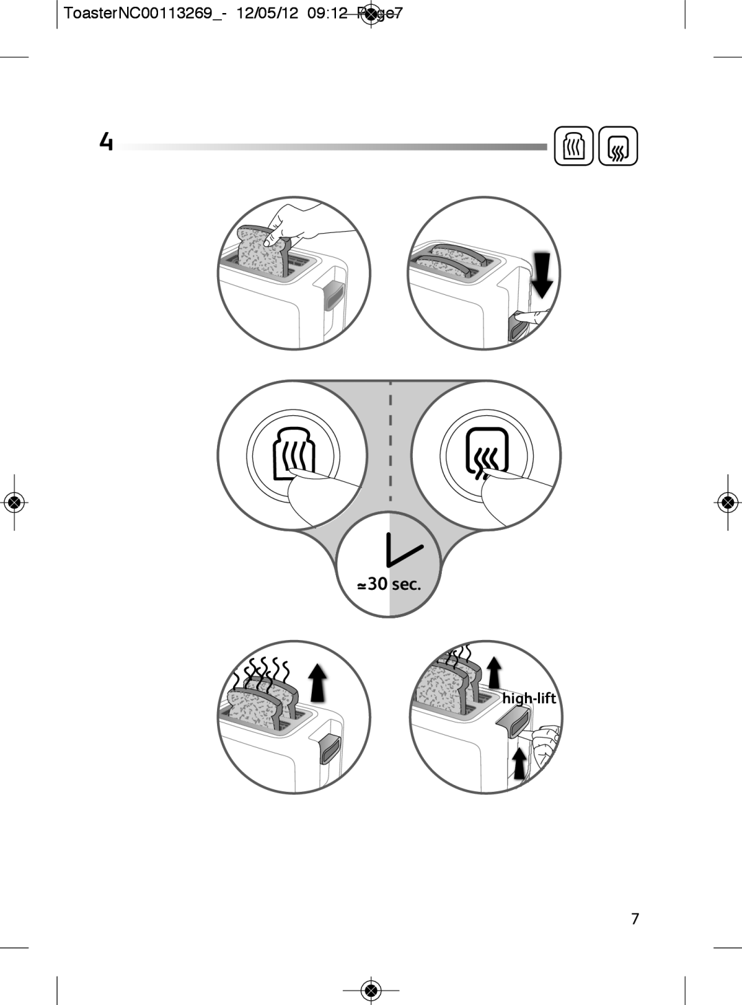 Tefal TT282811 manual 30 sec, ToasterNC00113269- 12/05/12 0912 Page7 