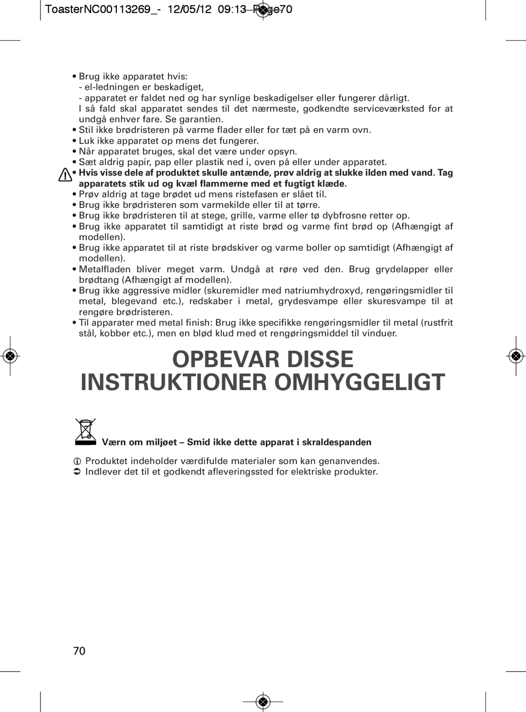 Tefal TT282811 manual Opbevar Disse Instruktioner Omhyggeligt, ToasterNC00113269- 12/05/12 0913 Page70, 5070 