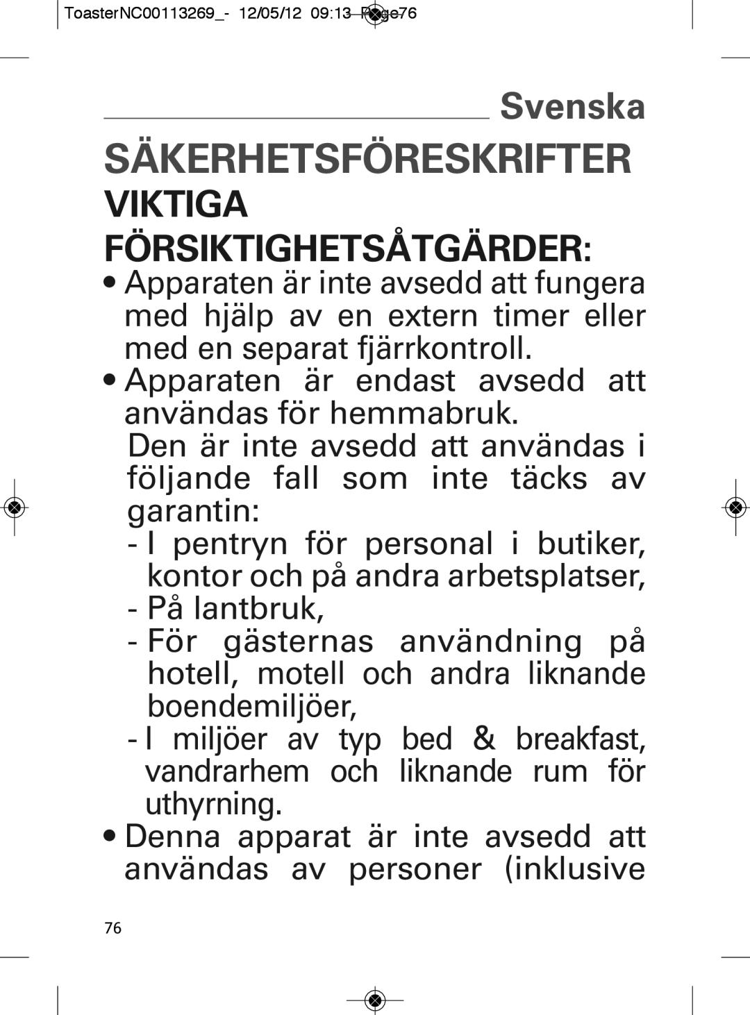 Tefal TT282811 manual Säkerhetsföreskrifter, ToasterNC00113269- 12/05/12 0913 Page76 