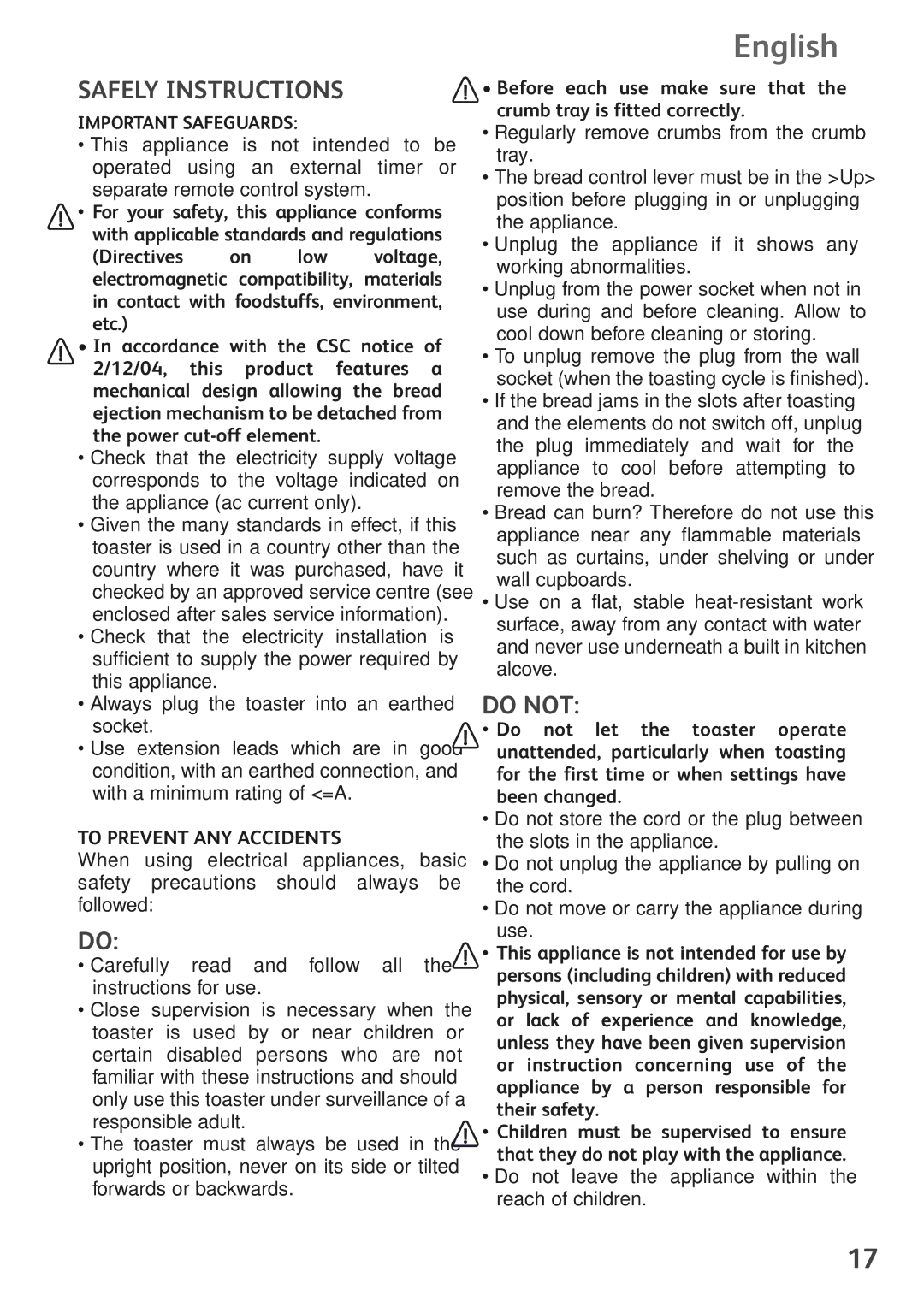 Tefal TT390130 manual English, Safely Instructions, Do not, To Prevent ANY Accidents 