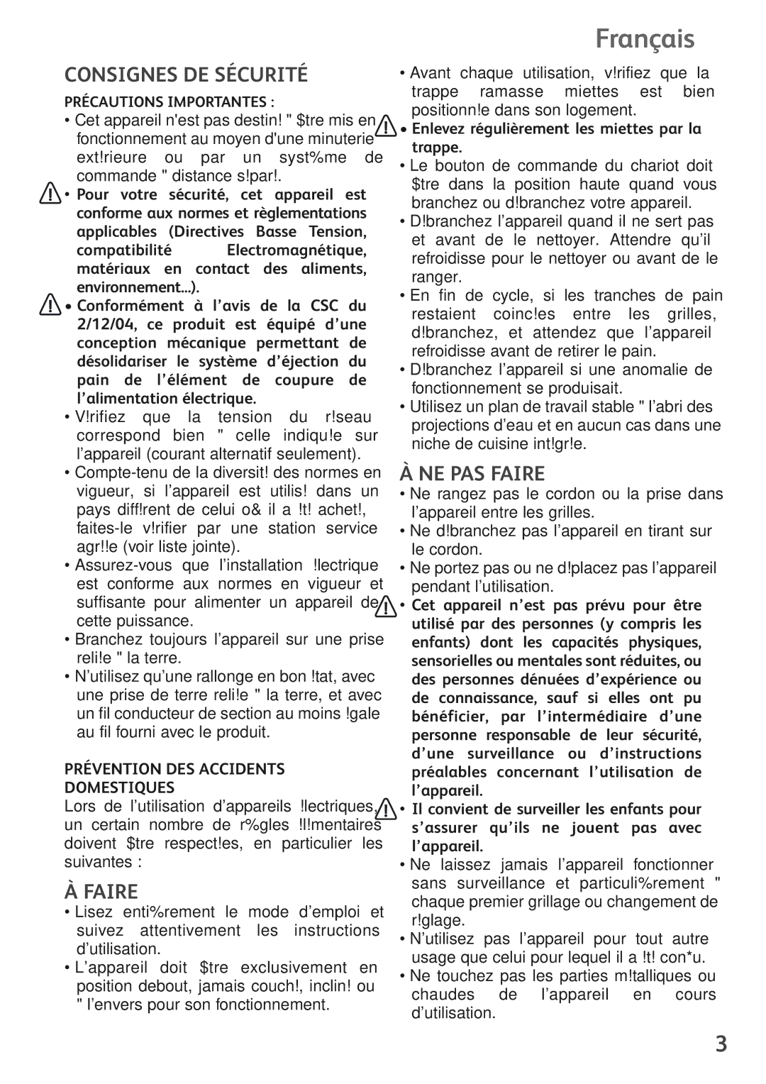 Tefal TT390130 manual Français, Consignes DE Sécurité, NE PAS Faire, Prévention DES Accidents Domestiques 