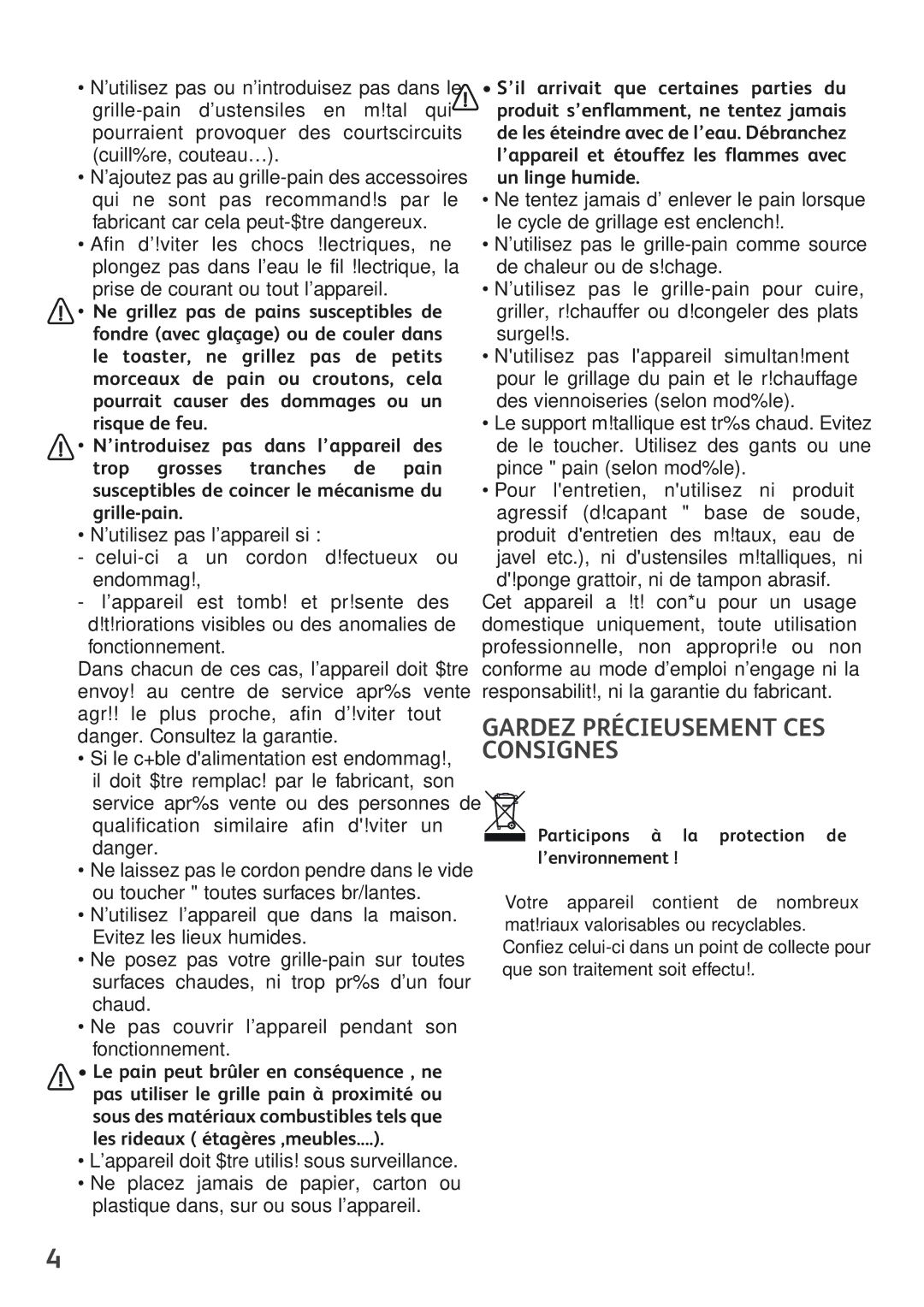 Tefal TT390130 manual Gardez Précieusement CES Consignes, Participons à la protection de l’environnement 