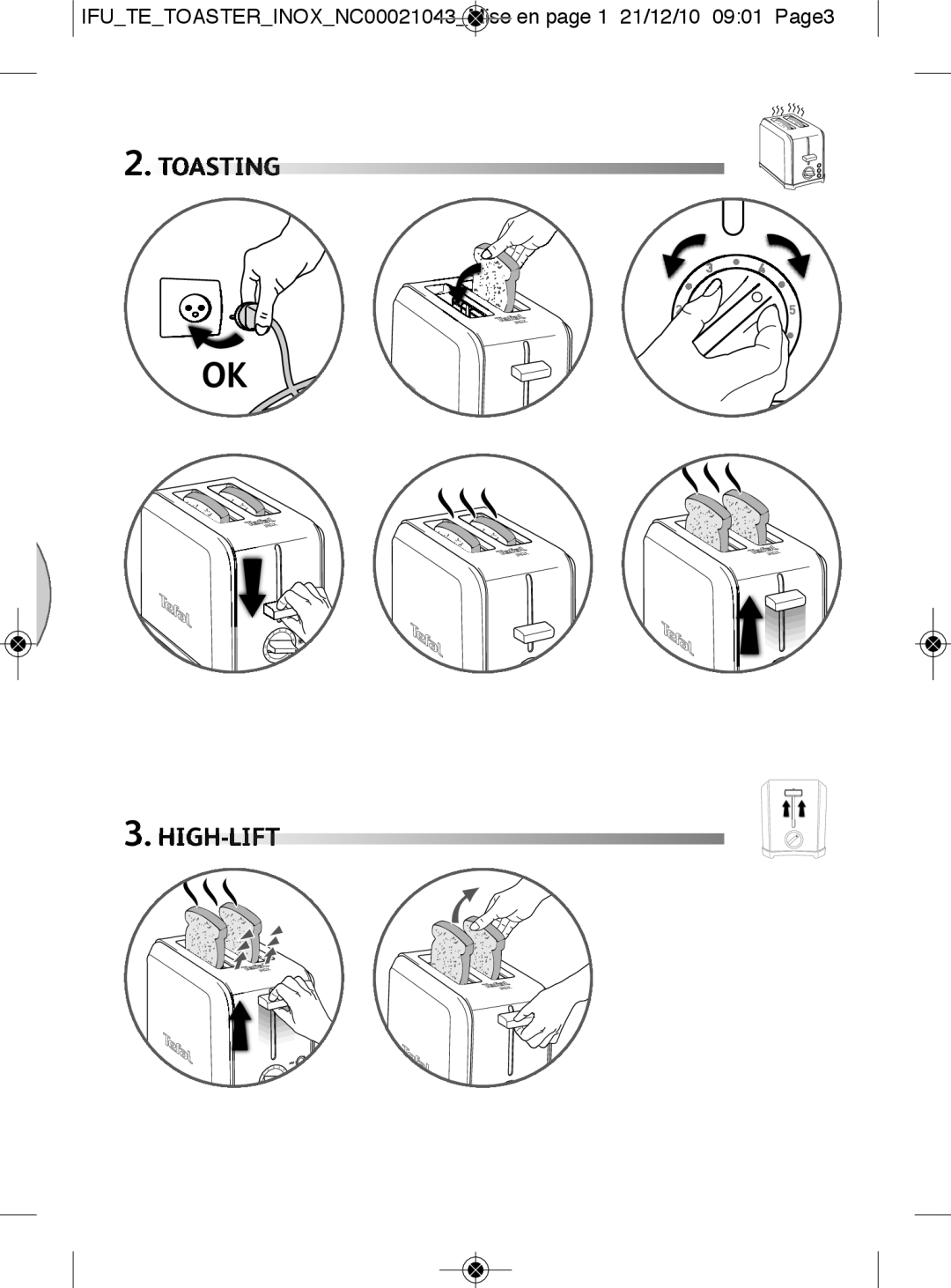 Tefal TT541070 manual Toasting HIGH-LIFT 
