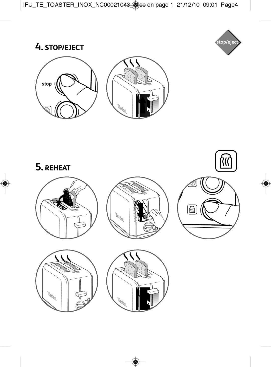 Tefal TT541070 manual STOP/EJECT Reheat 