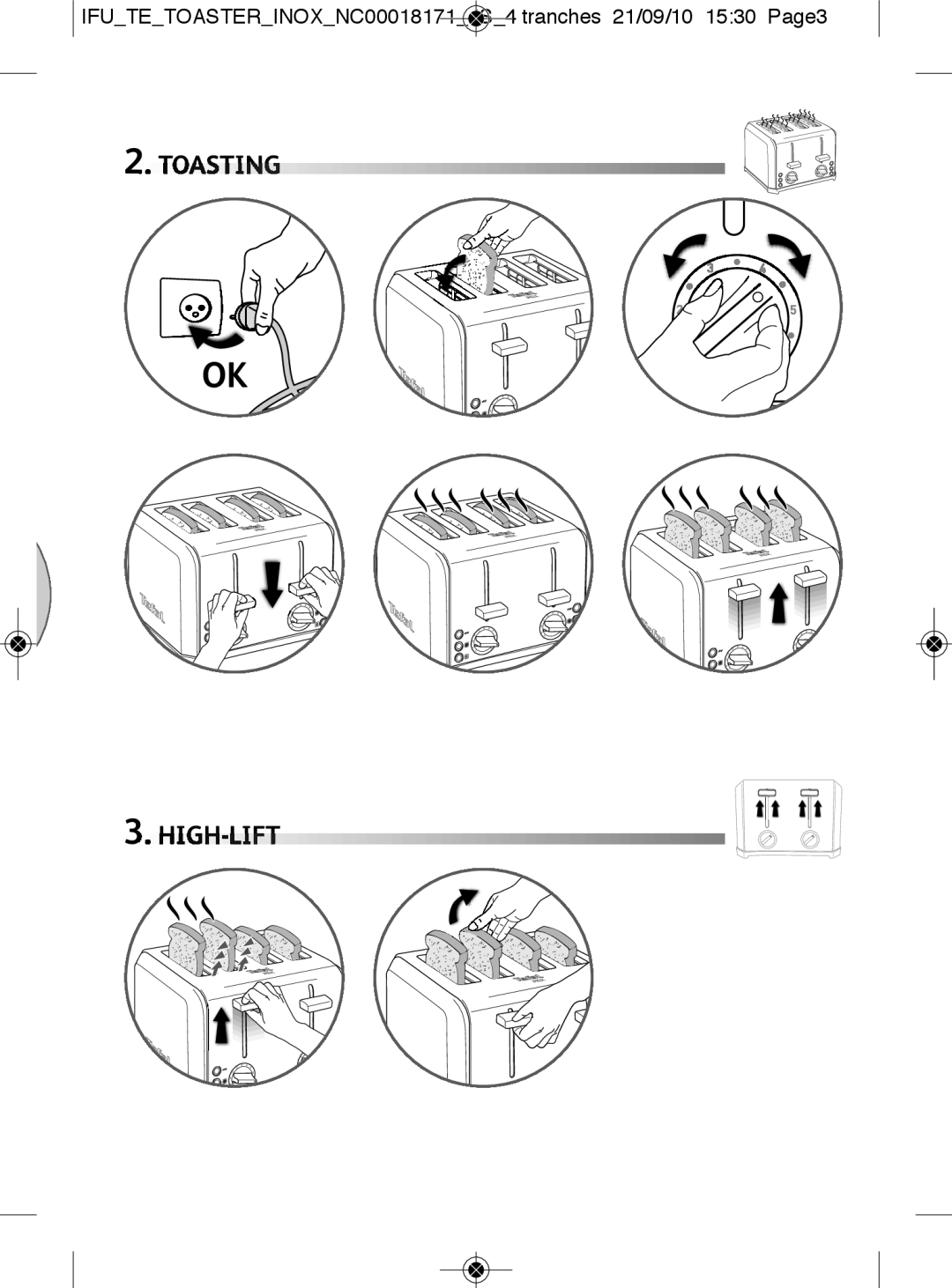 Tefal TT543070 manual Toasting HIGH-LIFT 