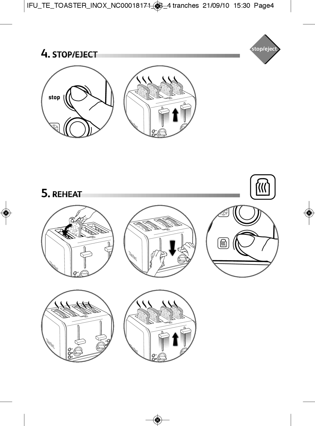Tefal TT543070 manual STOP/EJECT Reheat 