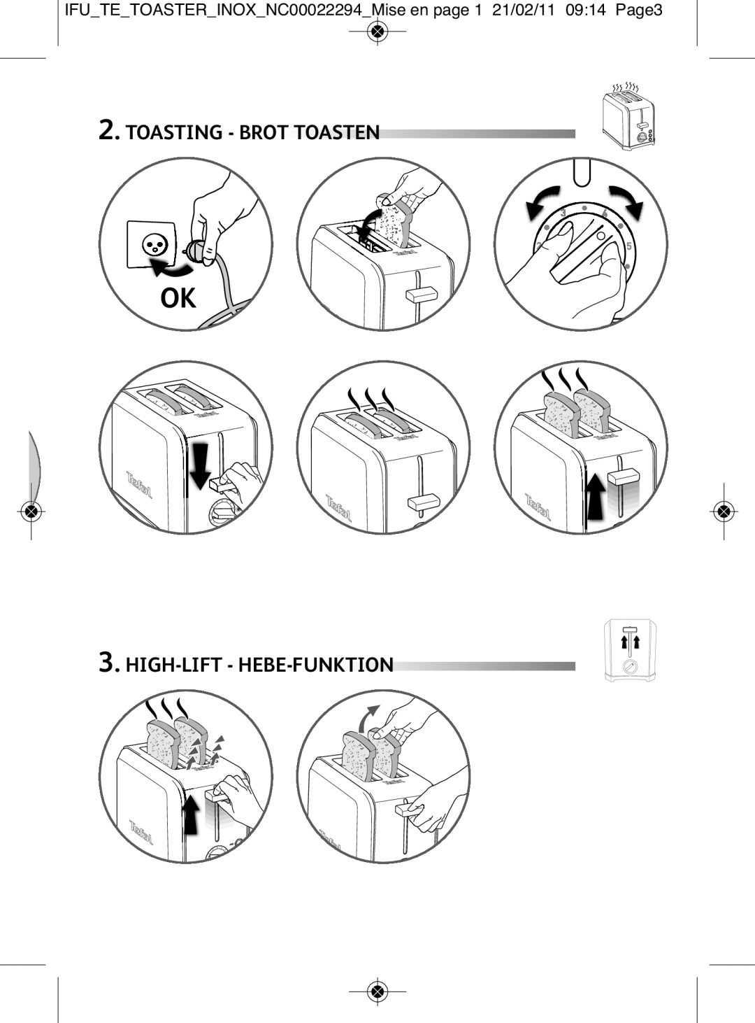 Tefal TT544030 manual Toasting Brot Toasten HIGH-LIFT HEBE-FUNKTION 