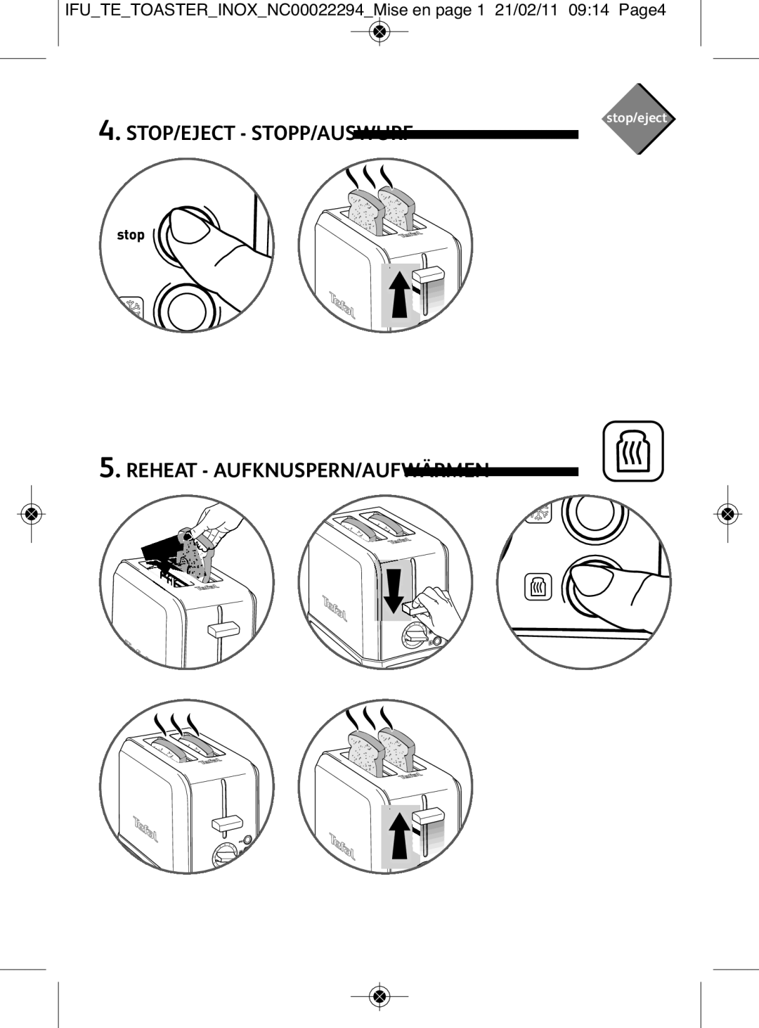Tefal TT544030 manual STOP/EJECT STOPP/AUSWURF Reheat AUFKNUSPERN/AUFWÄRMEN 