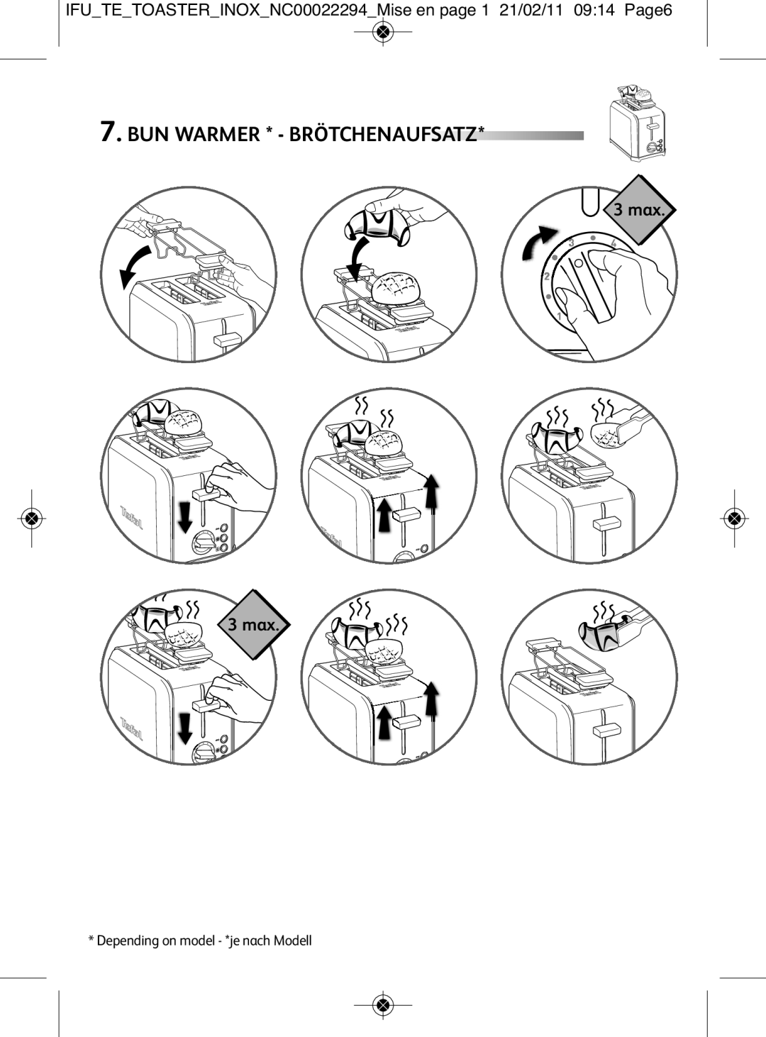 Tefal TT544030 manual BUN Warmer * Brötchenaufsatz, Max 