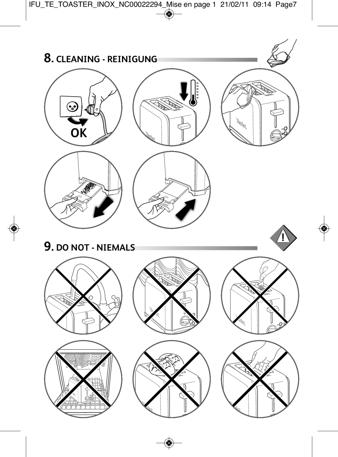 Tefal TT544030 manual Cleaning Reinigung Do not Niemals 