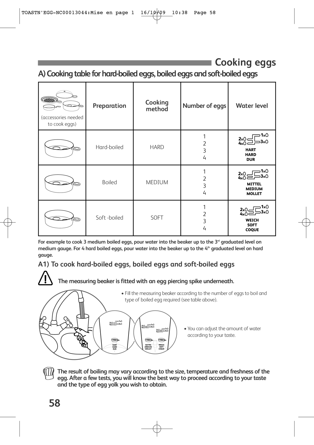 Tefal TT550050, TT550015, TT550030, TT550065, TT550070 Cooking eggs, Preparation Cooking Number of eggs Water level Method 