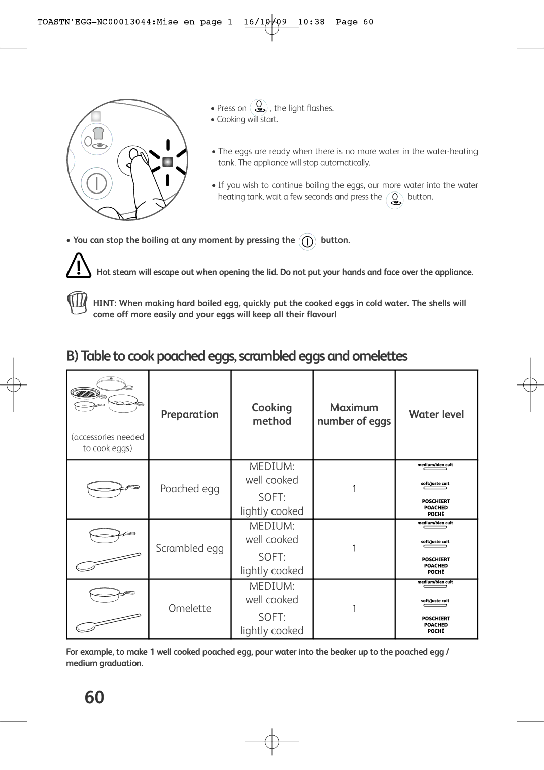 Tefal TT550030, TT550015, TT550065, TT550070, TT550050 manual BTabletocookpoachedeggs,scrambledeggsandomelettes 