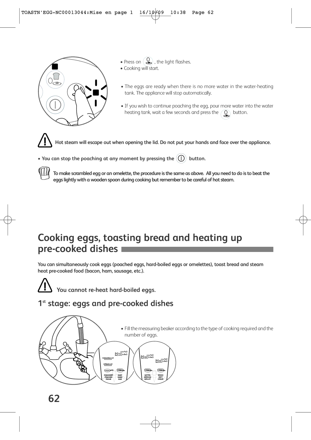 Tefal TT550070, TT550015, TT550030, TT550065, TT550050 manual 1st stage eggs and pre-cooked dishes 