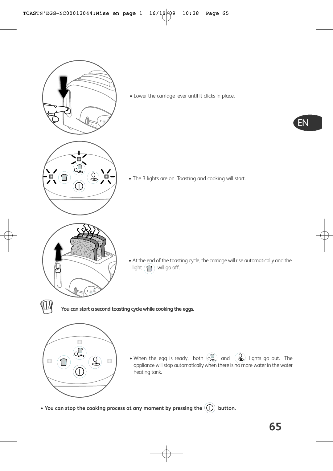 Tefal TT550030, TT550015, TT550065, TT550070, TT550050 manual You can start a second toasting cycle while cooking the eggs 
