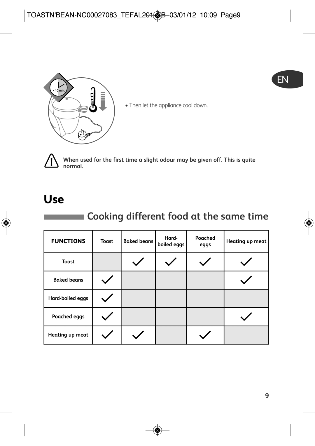 Tefal TT552842 manual Cooking different food at the same time, TOASTNBEAN-NC00027083TEFAL201-GB 03/01/12 1009 Page9 