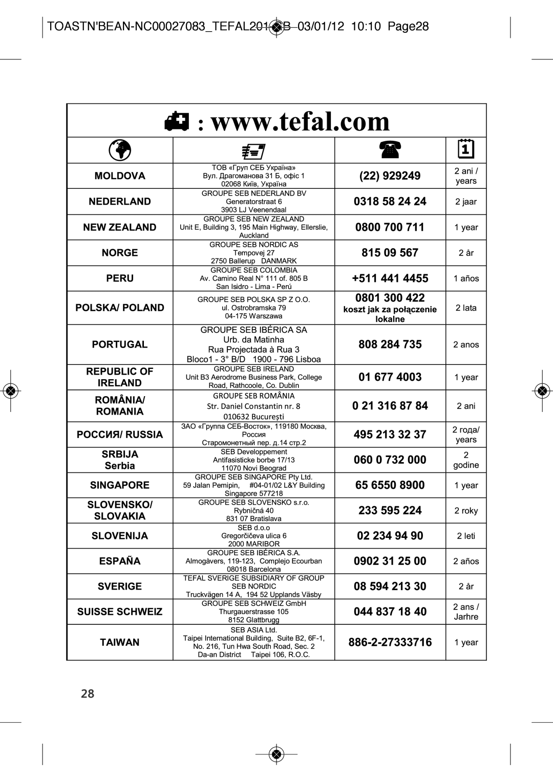 Tefal TT552842 manual TOASTNBEAN-NC00027083TEFAL201- GB 03/01/12 1010 Page28 