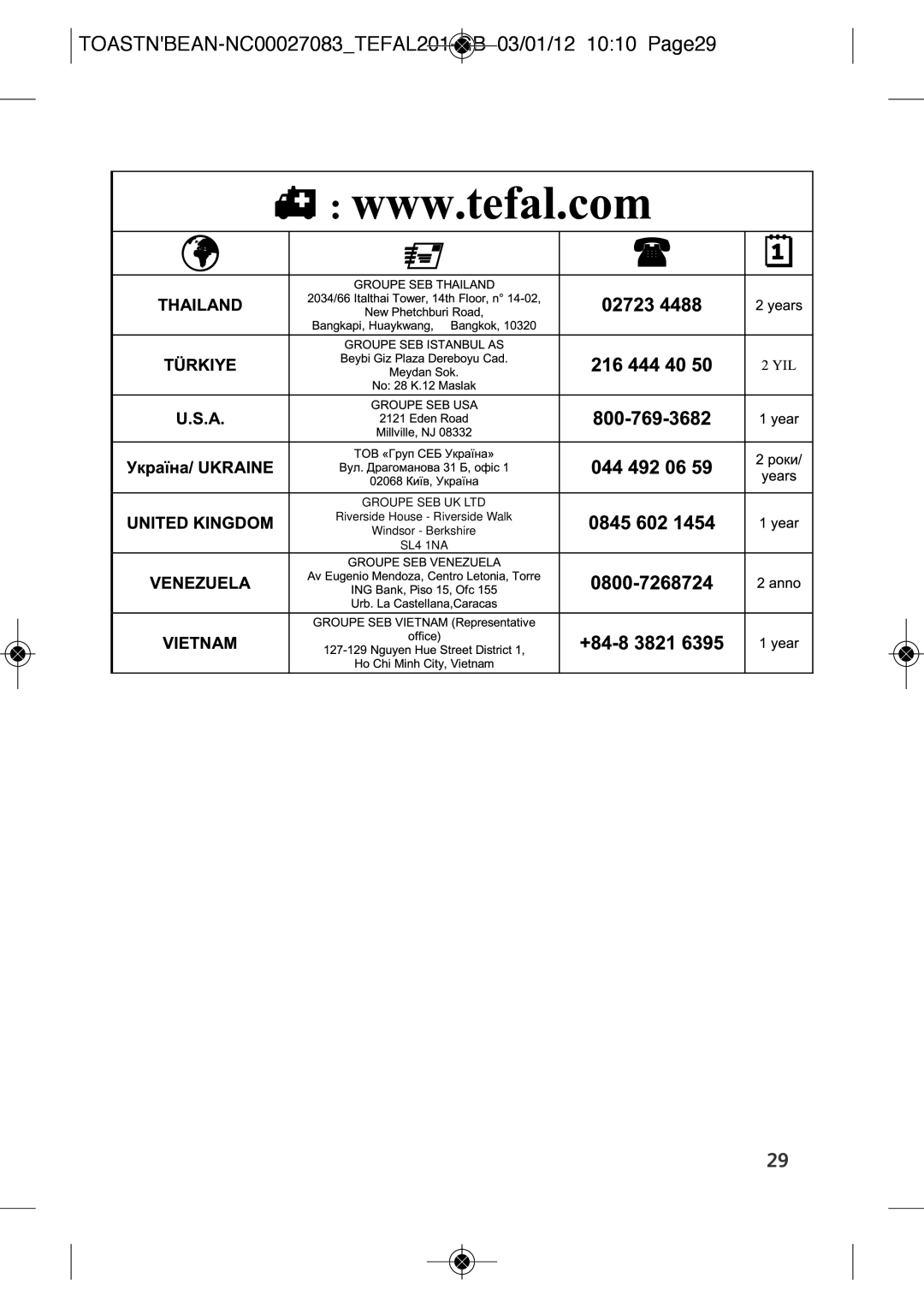 Tefal TT552842 manual TOASTNBEAN-NC00027083TEFAL201-GB 03/01/12 1010 Page29 