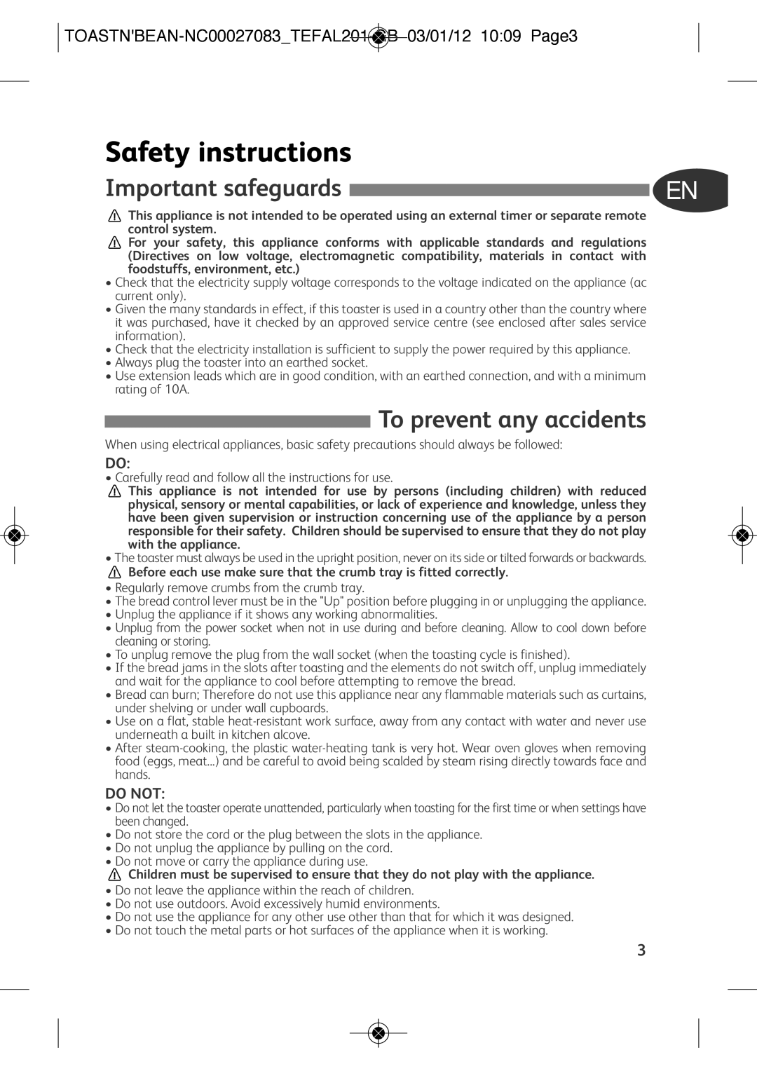 Tefal TT552842 manual Important safeguards, To prevent any accidents, TOASTNBEAN-NC00027083TEFAL201-GB 03/01/12 1009 Page3 