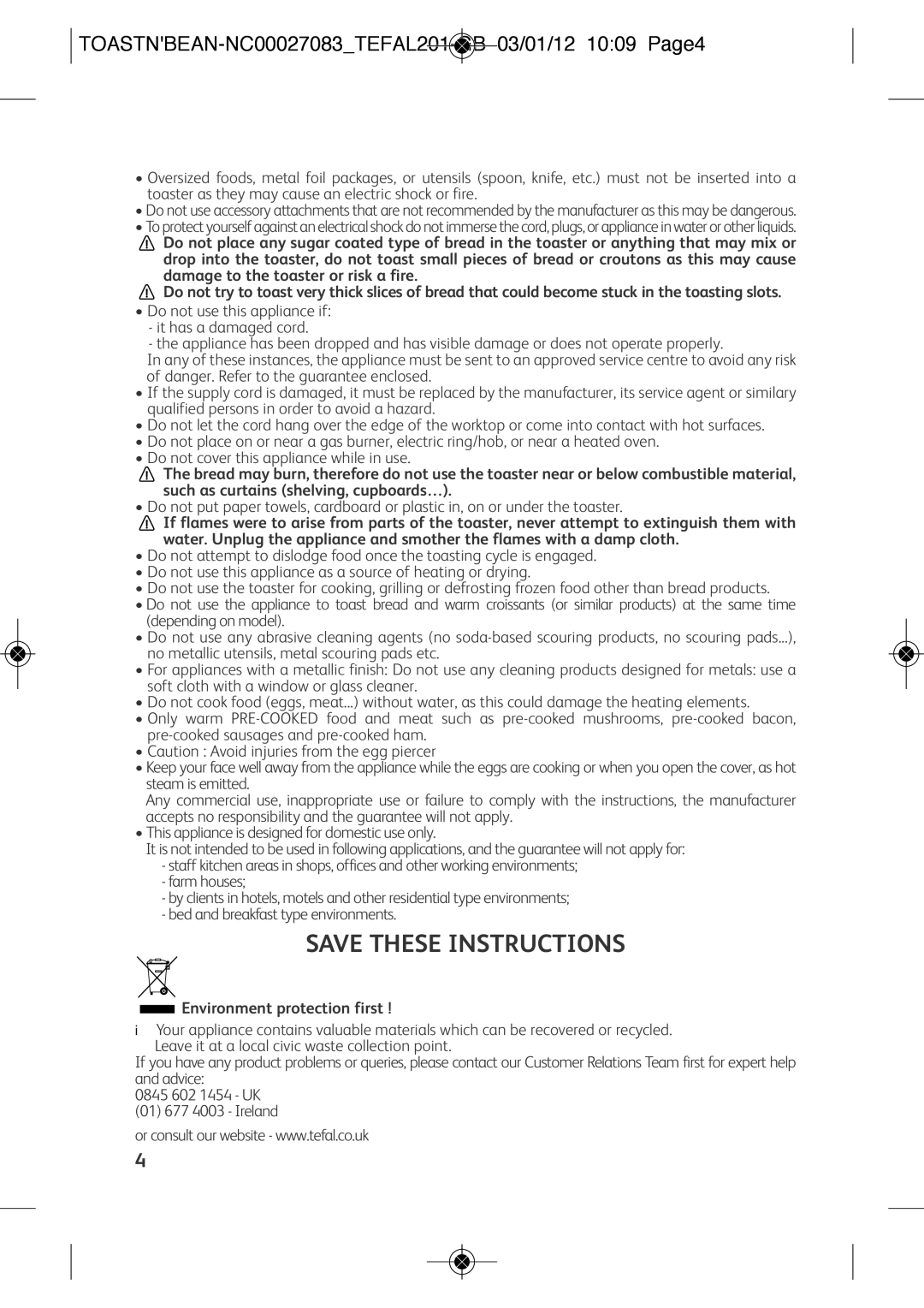 Tefal TT552842 manual TOASTNBEAN-NC00027083TEFAL201-GB 03/01/12 1009 Page4, Environment protection first 