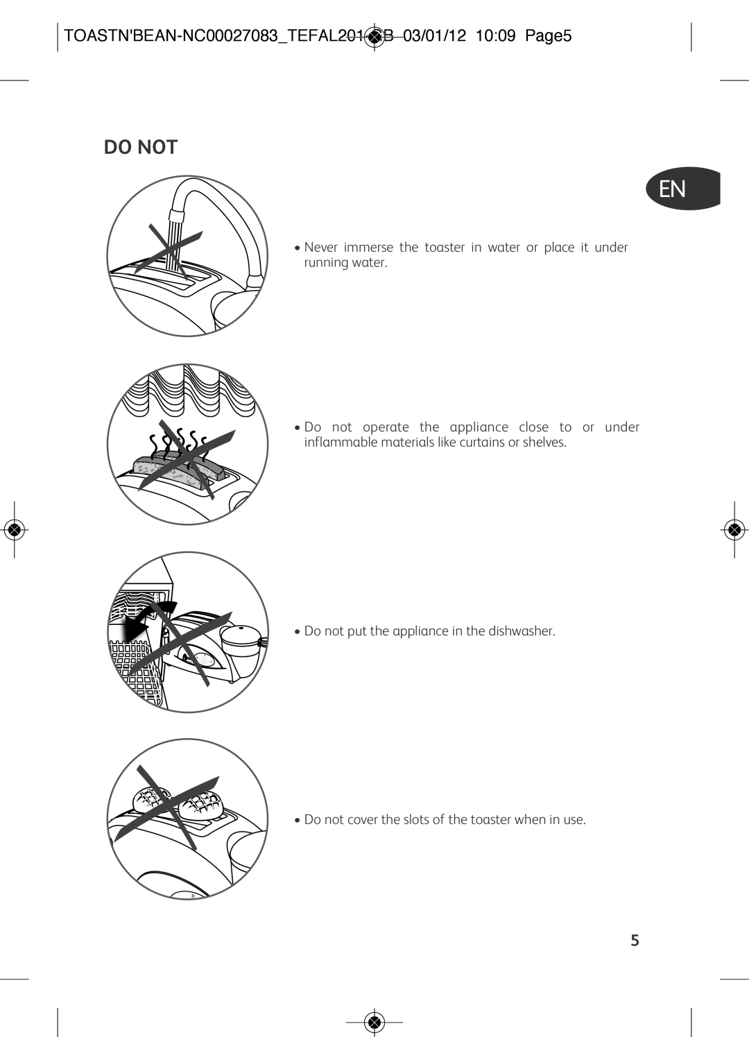 Tefal TT552842 manual Do not, TOASTNBEAN-NC00027083TEFAL201-GB 03/01/12 1009 Page5 