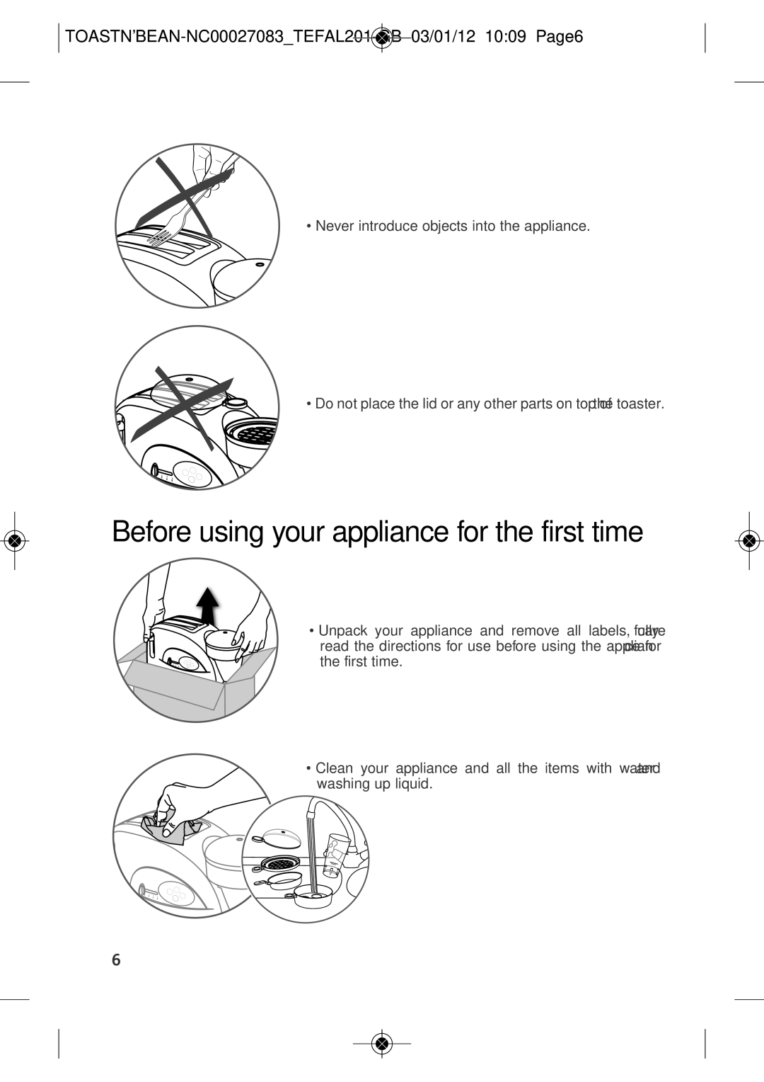 Tefal TT552842 manual Before using your appliance for the first time, TOASTNBEAN-NC00027083TEFAL201-GB 03/01/12 1009 Page6 