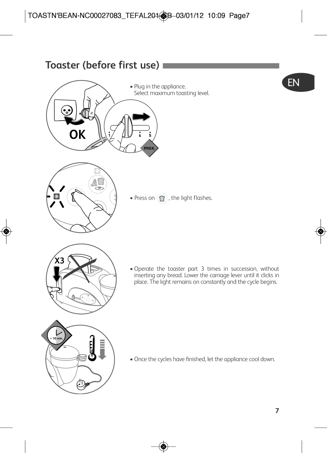 Tefal TT552842 manual Toaster before first use, TOASTNBEAN-NC00027083TEFAL201-GB 03/01/12 1009 Page7 