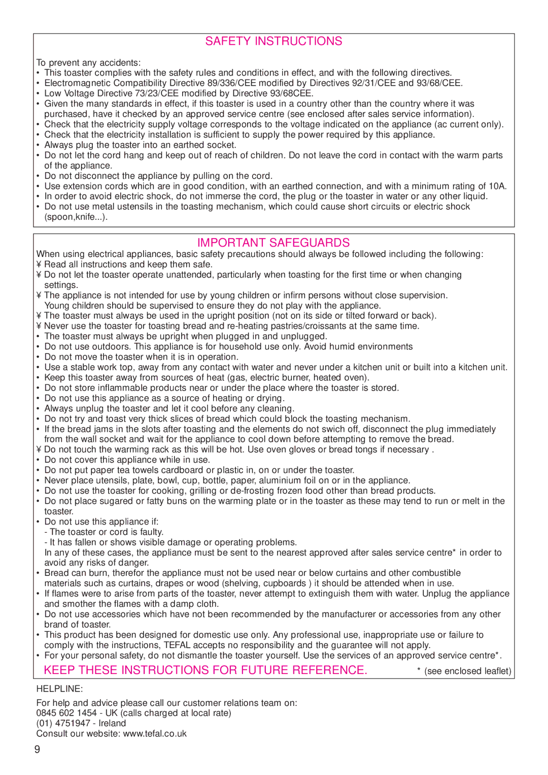 Tefal TT812150, TT812116 Safety Instructions, Important Safeguards, Keep These Instructions for Future Reference, Helpline 