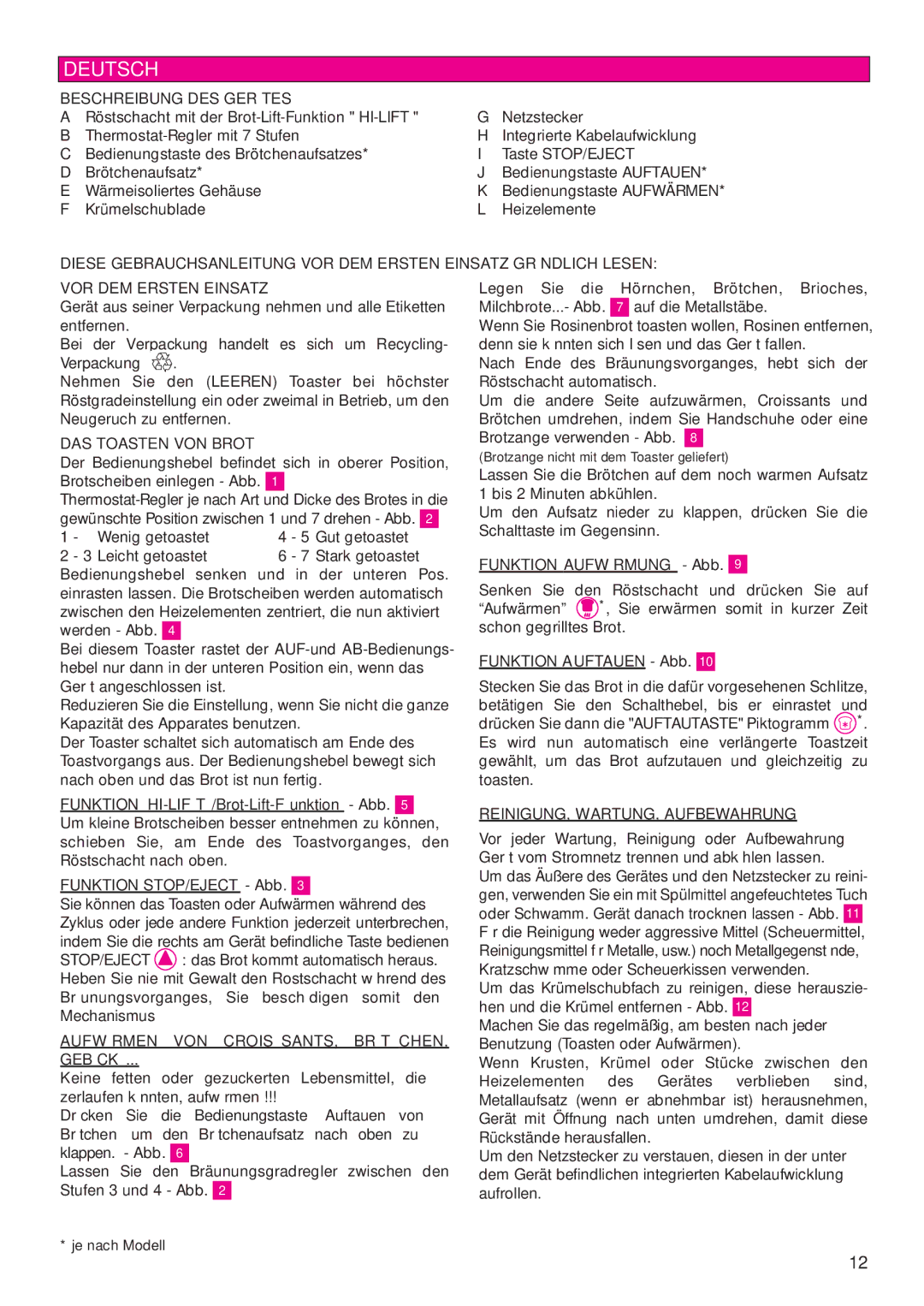 Tefal TT812131 manual Deutsch, Beschreibung DES Gerätes, DAS Toasten VON Brot, Aufwärmen VON CROISSANTS, Brötchen Gebäck 