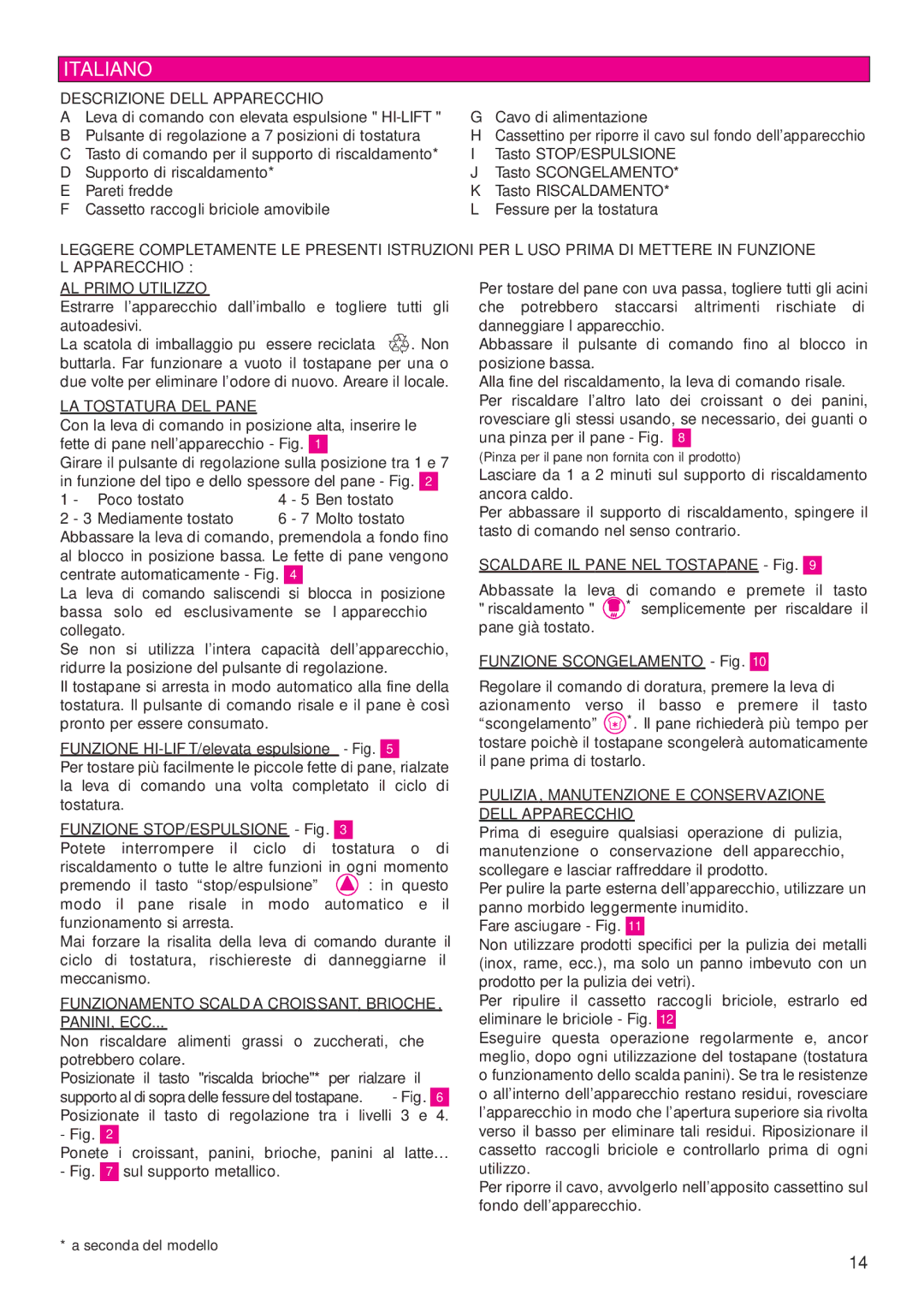 Tefal TT812132, TT812116, TT812131, TT812150 manual Italiano, Descrizione DELL’APPARECCHIO, LA Tostatura DEL Pane 