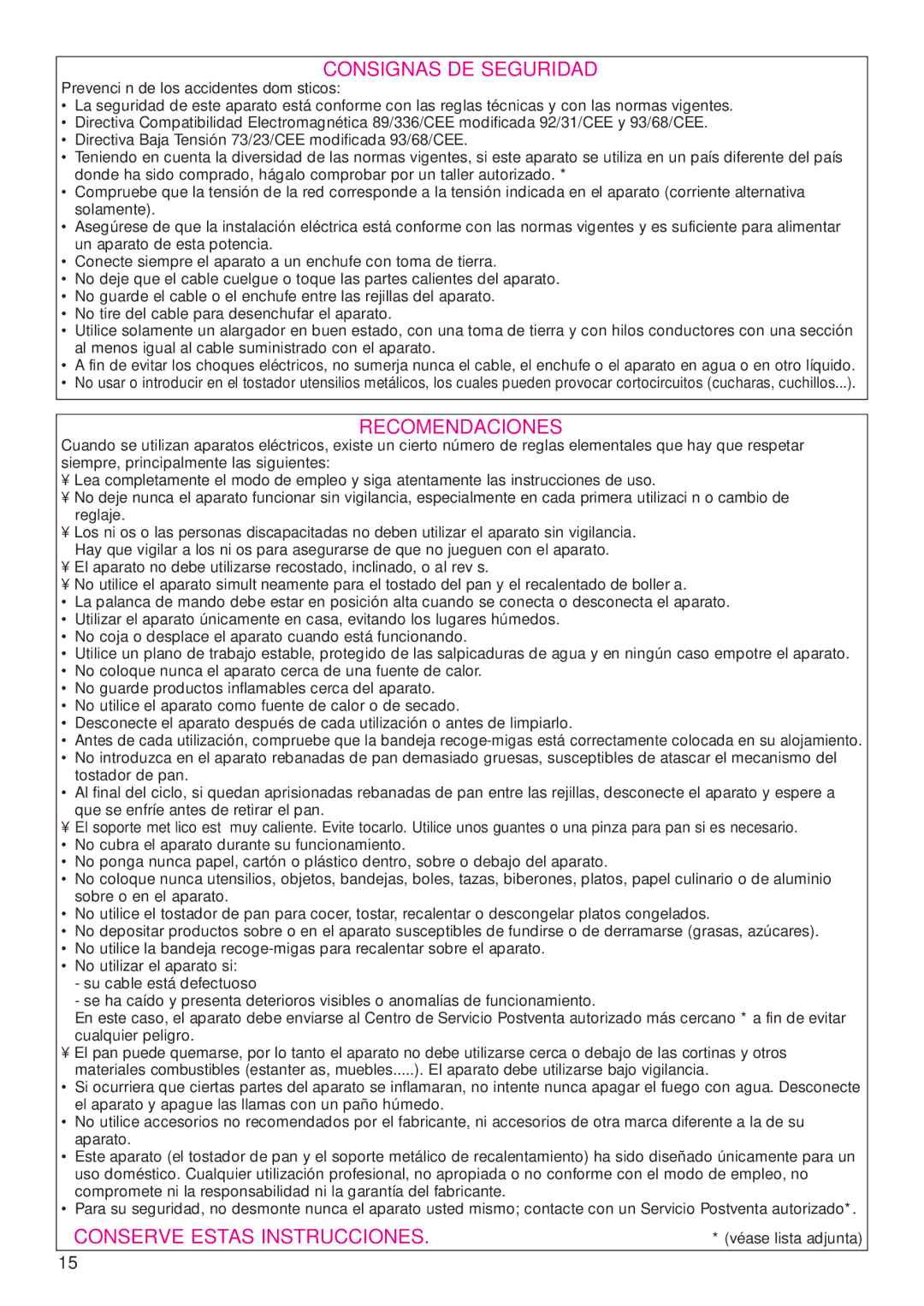 Tefal TT812116, TT812131, TT812150, TT812132 manual Consignas DE Seguridad, Recomendaciones, Conserve Estas Instrucciones 