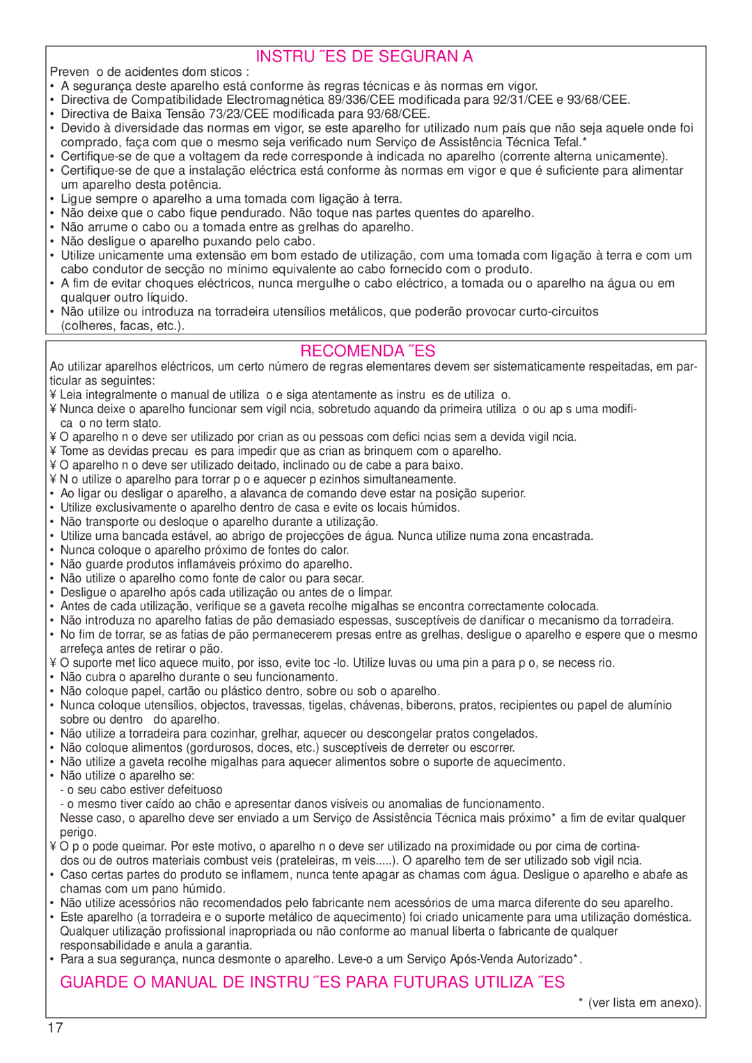 Tefal TT812150, TT812116 Instruções DE Segurança, Recomendações, Guarde O Manual DE Instruções Para Futuras Utilizações 