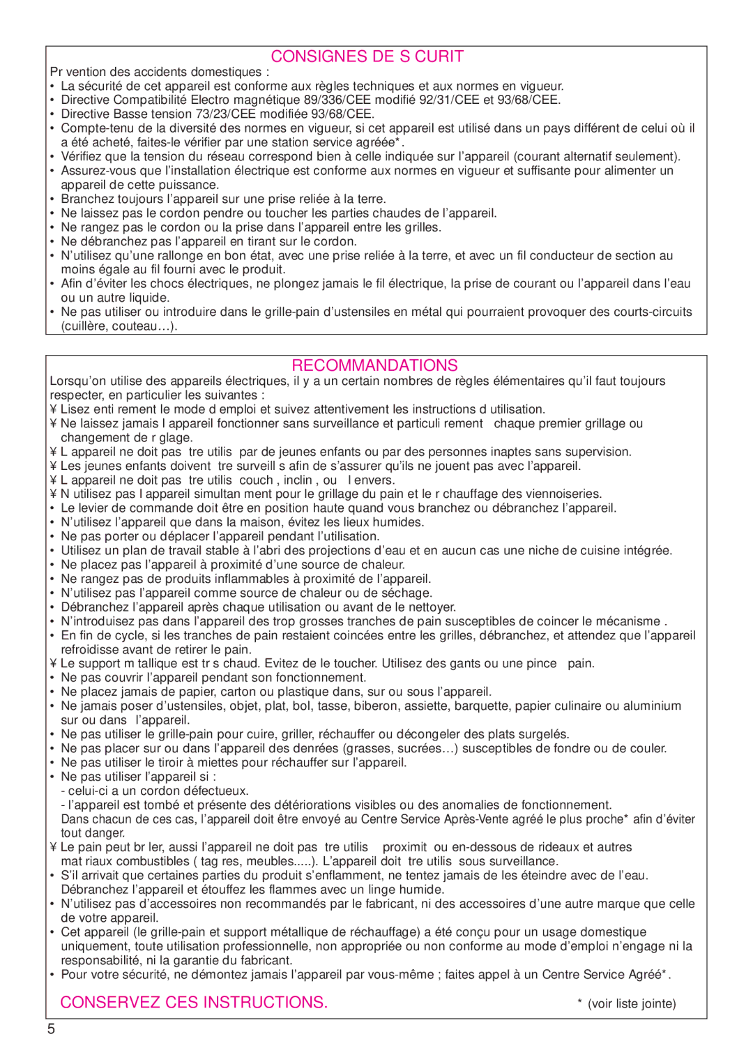 Tefal TT812150 Consignes DE Sécurité, Recommandations, Conservez CES Instructions, Prévention des accidents domestiques 