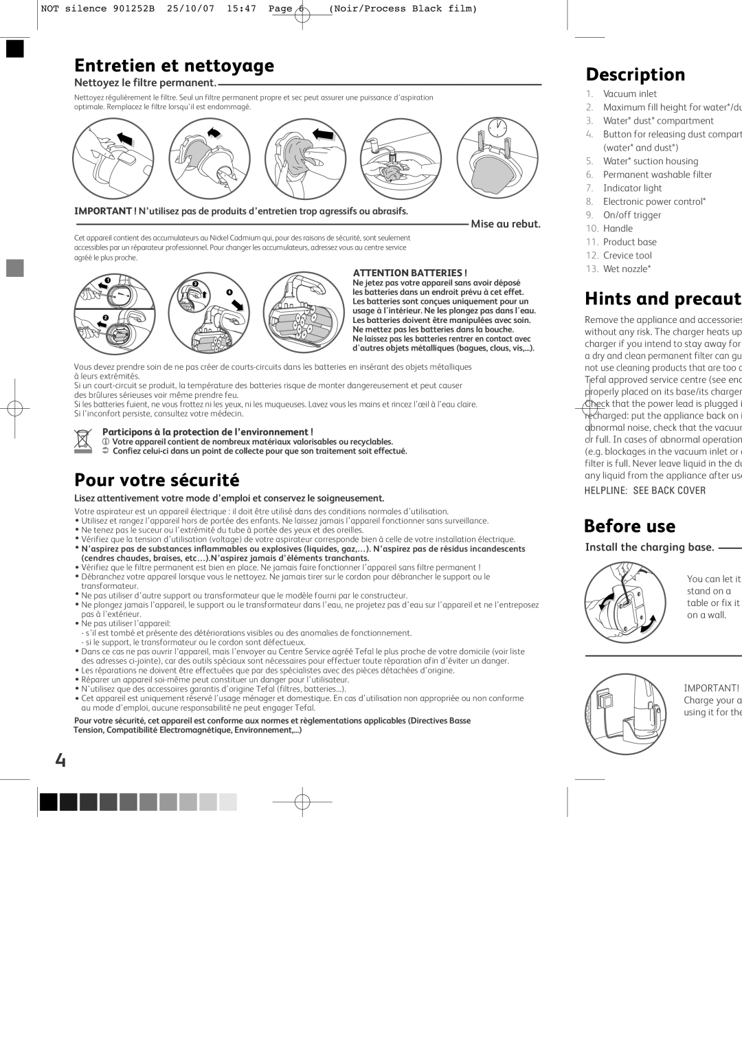 Tefal TW454141 manual Entretien et nettoyage, Pour votre sécurité, Hints and precaut, Before use 