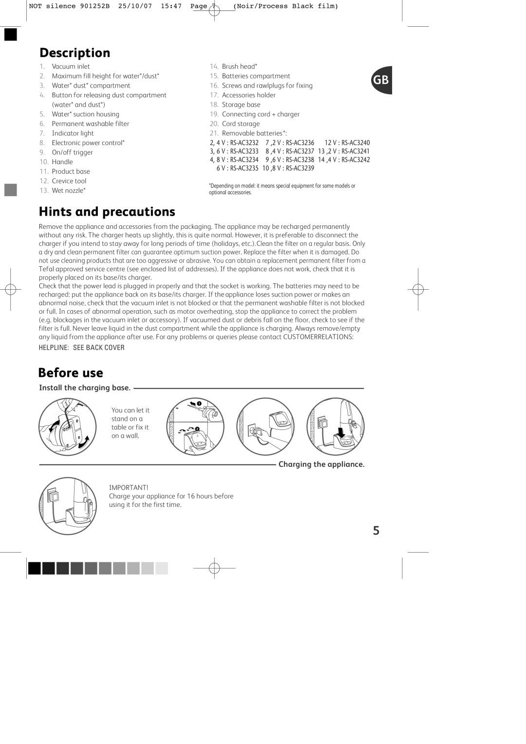 Tefal TW454141 manual Hints and precautions, Charging the appliance 