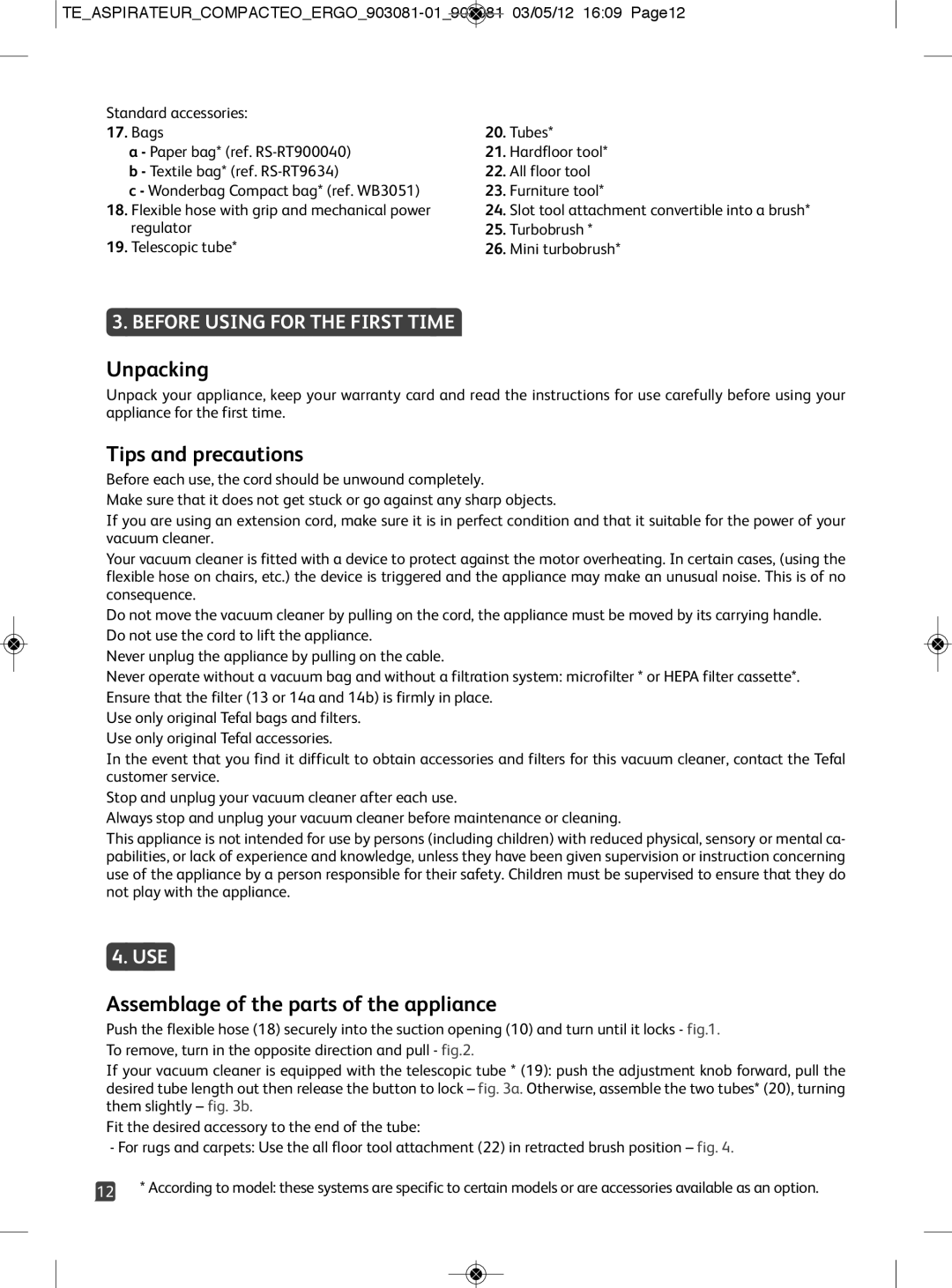 Tefal TW529588 Unpacking, Tips and precautions, Assemblage of the parts of the appliance, Before Using for the First Time 