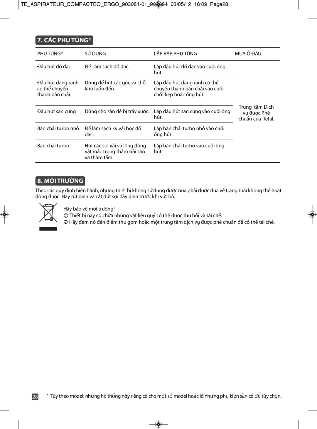 Tefal TW529588 manual CÁC PHỤ Tùng, MÔI Trường 