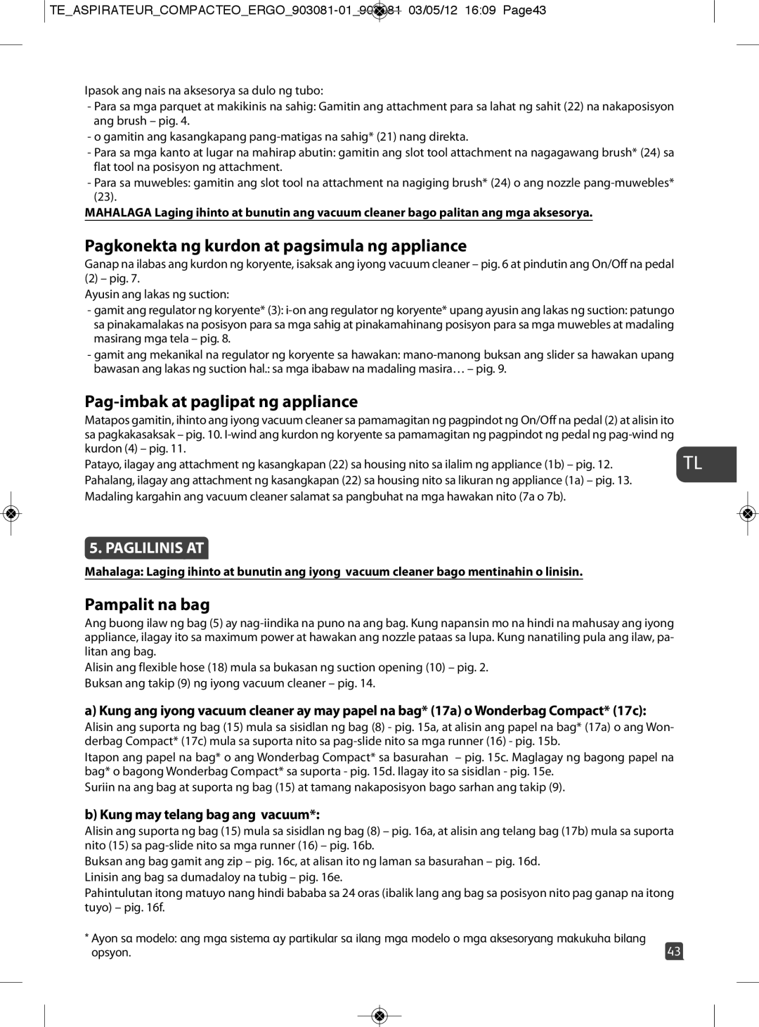 Tefal TW529588 manual Pagkonekta ng kurdon at pagsimula ng appliance, Pag-imbak at paglipat ng appliance, Pampalit na bag 