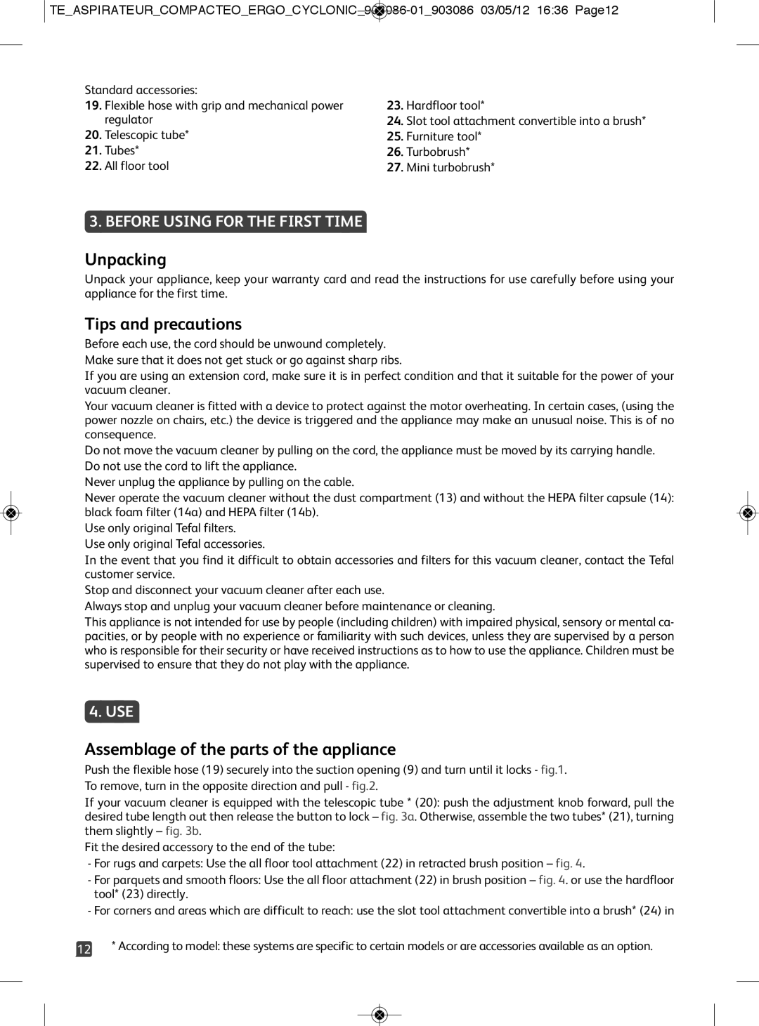 Tefal TW539688 Unpacking, Tips and precautions, Assemblage of the parts of the appliance, Before Using for the First Time 