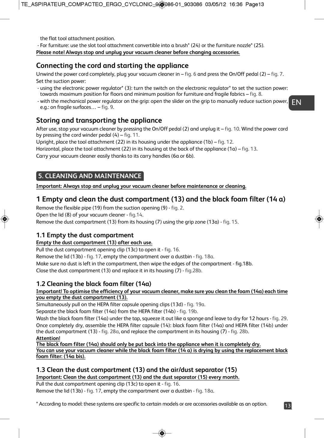 Tefal TW539688 manual Connecting the cord and starting the appliance, Storing and transporting the appliance 