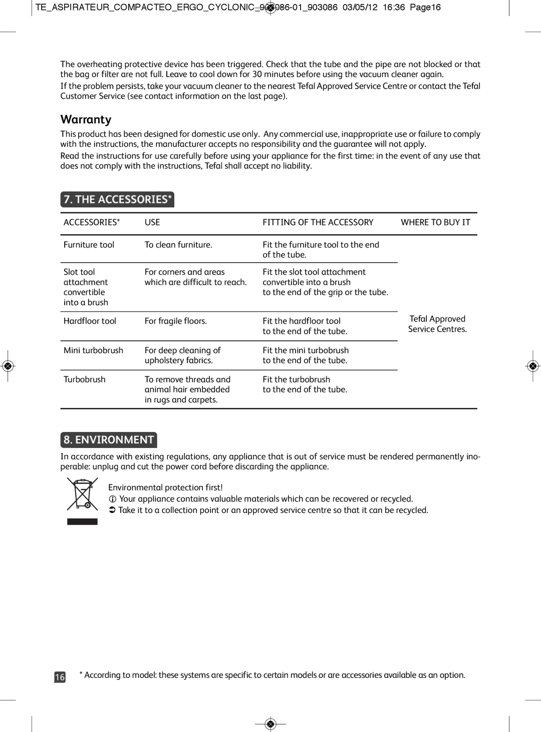 Tefal TW539688 manual Warranty, Accessories, Environment 