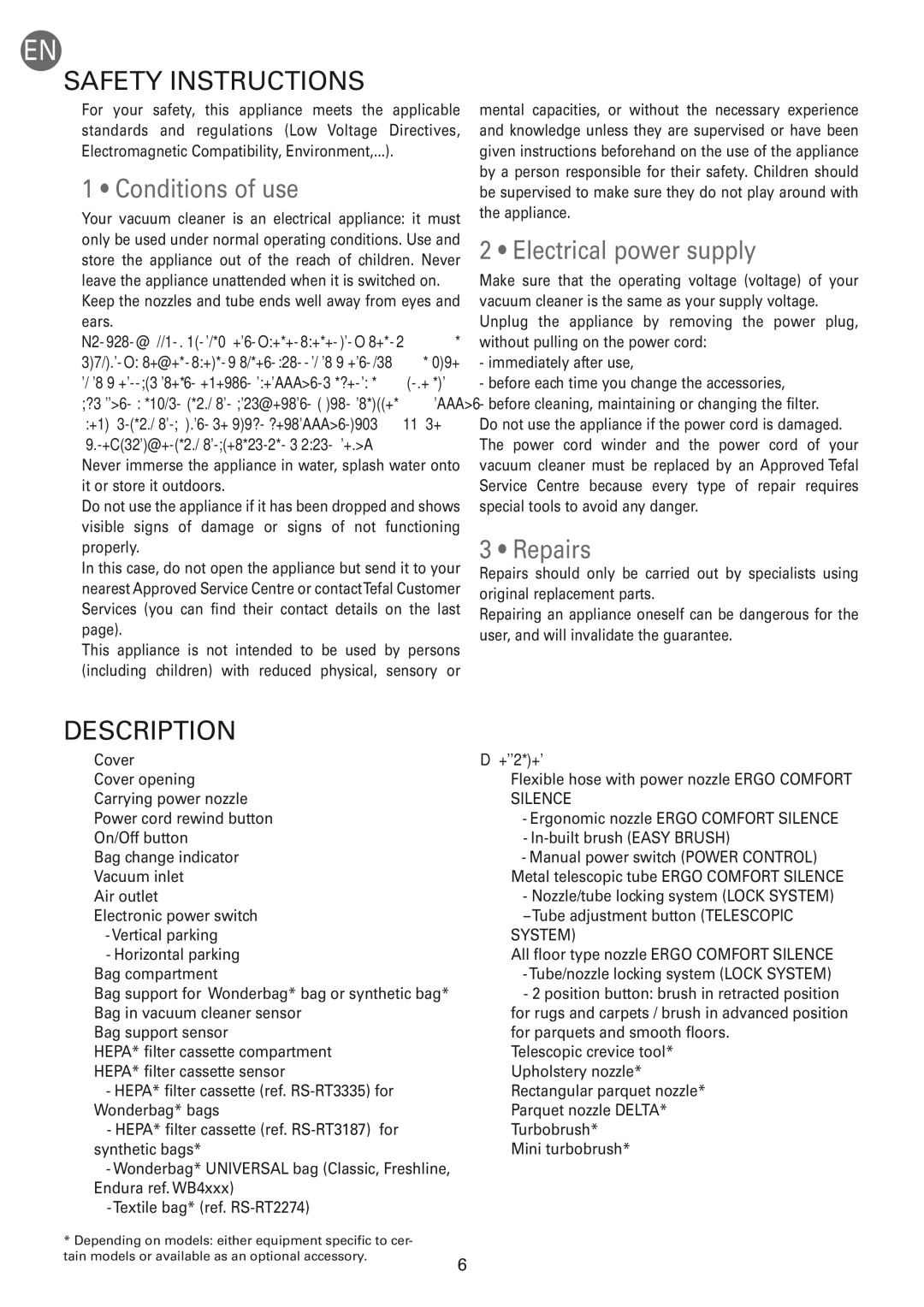 Tefal TW583388 manual Safety Instructions, Conditions of use, Electrical power supply, Repairs 