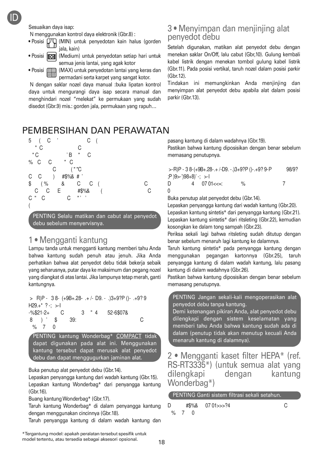 Tefal TW583388 manual Menyimpan dan menjinjing alat penyedot debu, Pembersihan DAN Perawatan, Mengganti kantung 