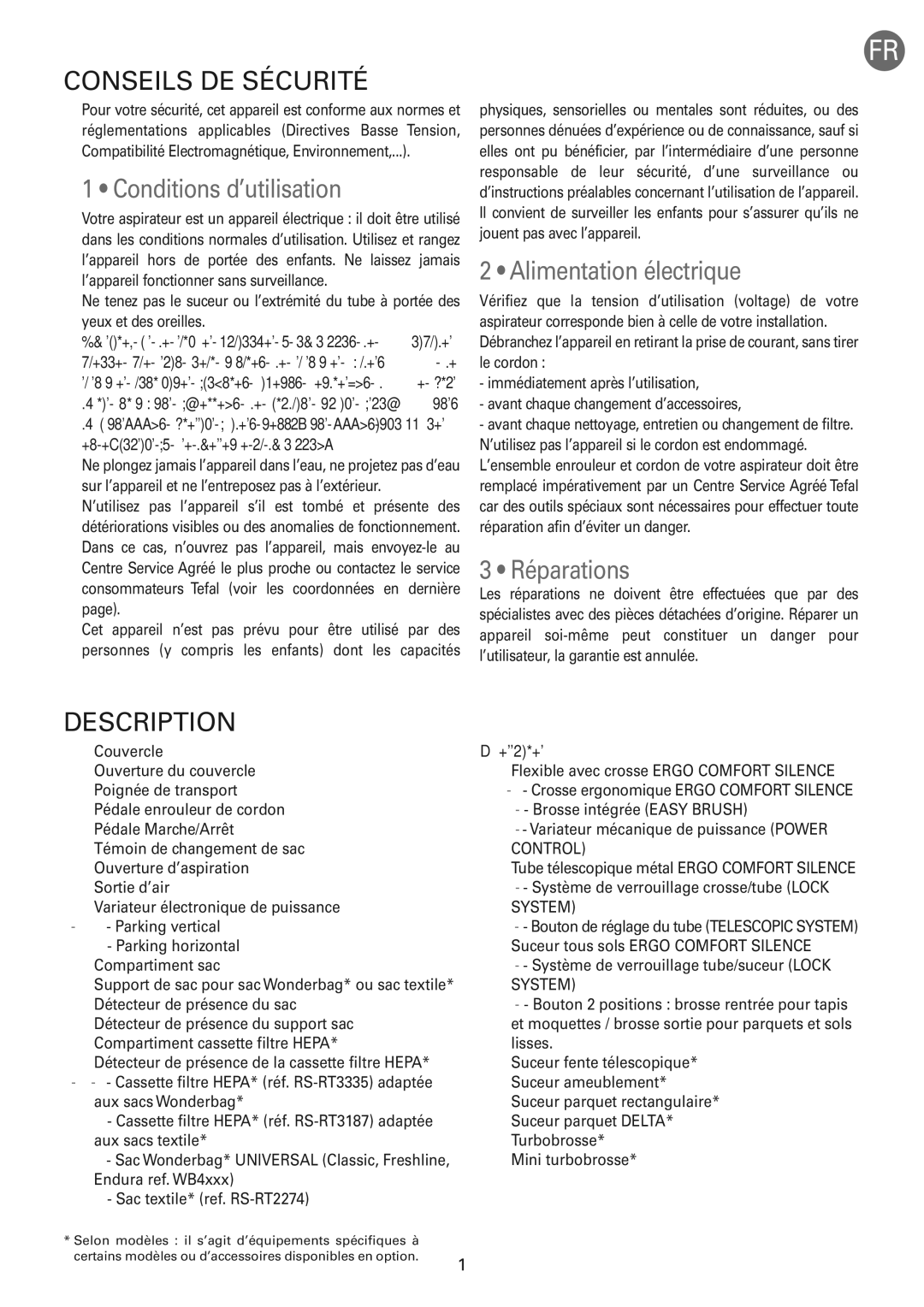 Tefal TW583388 manual Conseils DE Sécurité, Conditions d’utilisation, Description, Alimentation électrique, Réparations 