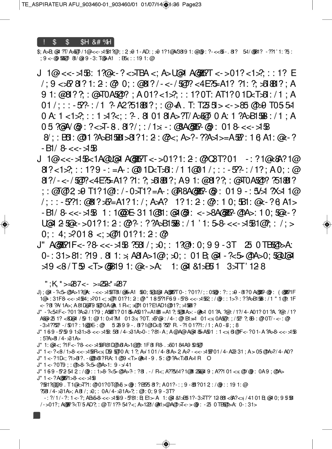 Tefal TY846384 Précautions d’utilisation, Conseils DE Sécurité, Teaspirateur AFU903460-01903460/01 01/07/14 1136 Page23 