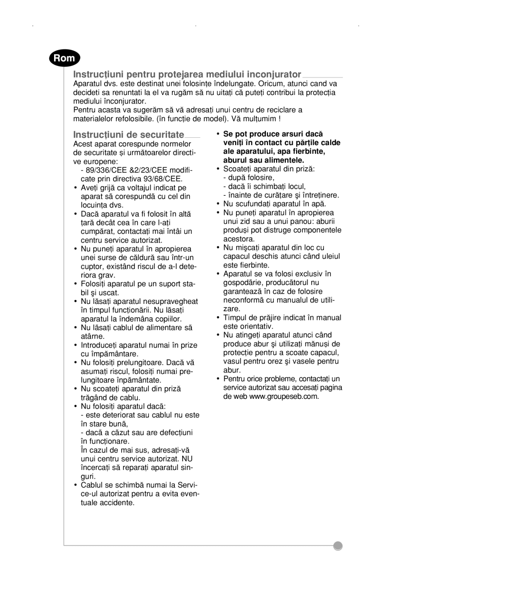 Tefal VC100170, VC100100, VC100115, VC100116, VC100130, VC100152, VC100171 Instruc†iuni pentru protejarea mediului inconjurator 