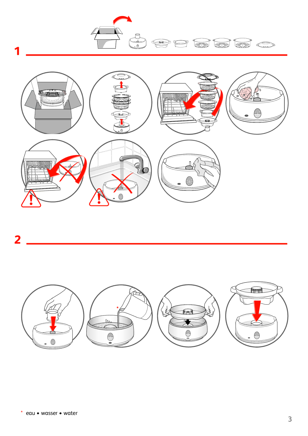 Tefal VC100970, VC100902, VC100915, VC100930, VC100916 manual Eau wasser water 