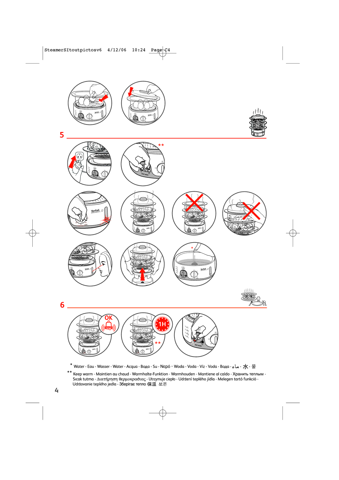 Tefal VC102731, VC102770, VC102730 manual SteamerSItoutpictosv6 4/12/06 1024 Page C4 